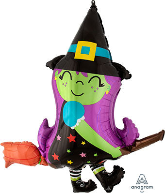 Cute Witch on Broom Foil Balloon