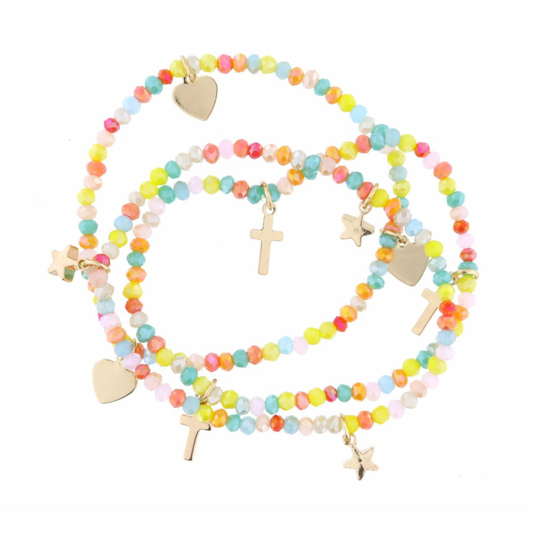 Multi Color Beaded with Crosses Stars & Hearts Bracelet