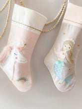 Load image into Gallery viewer, Pink Linen Unicorn Christmas Stocking
